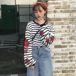 Rose Embroidered Striped Black White Pullover